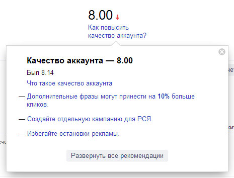 Качество аккаунта Яндекс.Директ